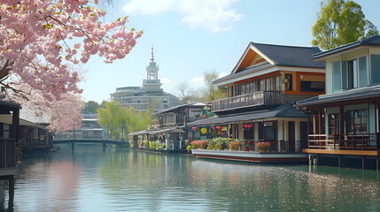 Obraz premium Cherry Blossoms Frame Canal Houses