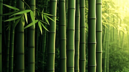 Obraz premium Lush Green Bamboo Forest Tranquil Nature Scene at Sunrise Perfect for Relaxation and Zen themed Designs