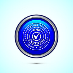 GMP certified icon design illustration. Good manufacturing practice label badge, Blue color round button design