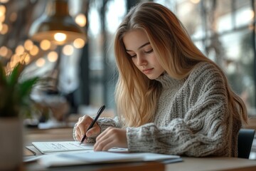 Learning concept. Schoolgirl writing test or taking notes during lesson, sitting at desk in modern classroom interior