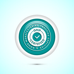 GMP certified icon design illustration. Good manufacturing practice label badge, Teal color round button design