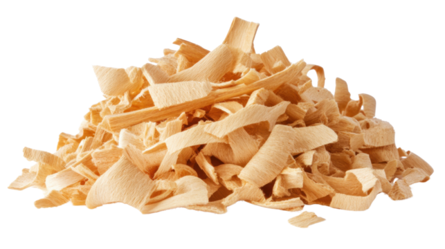 Pile of Wooden Shavings Isolated on White Background Natural Wood Curl Scraps, Carpentry Waste, and Crafting Material
