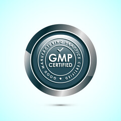 GMP certified icon design illustration. Good manufacturing practice label badge, Gray color round button design