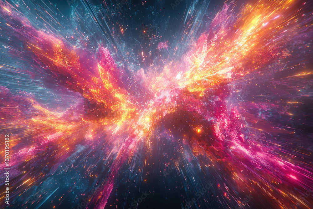 Aufkleber A vibrant cosmic explosion with streaks of light and fiery clouds, creating a dynamic and energetic visual spectacle.