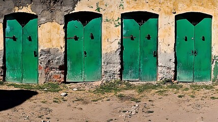 Four old green wooden doors stand weathered in a row