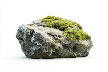 Isolated Moss Covered Boulder Natural Stone Formation on White Background