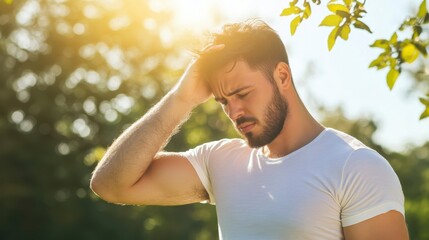 Fototapeta premium Man Experiencing Head Discomfort: A man is experiencing head discomfort as the sun's rays gently touch his hair, surrounded by the subtle beauty of nature's greens.