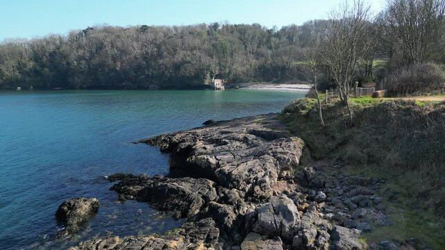 Torbay, Devon, England: DRONE VIEWS: An abandoned Victorian bathing house at Elberry Cove. South Devon is a popular UK holiday destination renowned for its beautiful coastline (Clip 7 of 7).