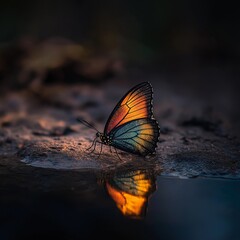 Butterfly rests beside water with a vibrant orange and blue wing.