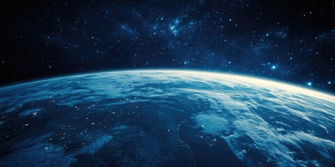 Obraz premium Earth at Night Viewed From Space: Dark Blue Planet Against Starry Background