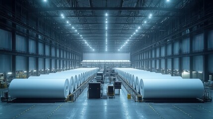 Modern paper mill production hall.  Large rolls of white paper are processed on conveyor systems inside a spacious industrial factory