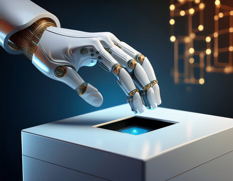 robot hand casting a ballot into a white box for tech related blogs websites educational materials and discussions on artificial intelligence and future voting systems