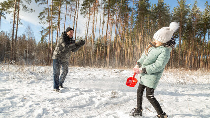 Playful family enjoying snowball fight in snowy winter park