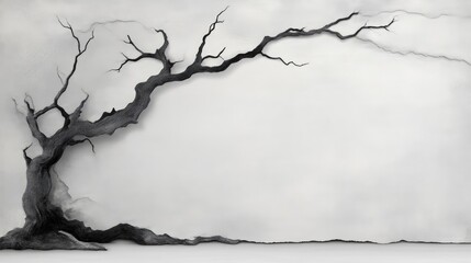 Silhouette of a skeletal tree against a light, misty backdrop