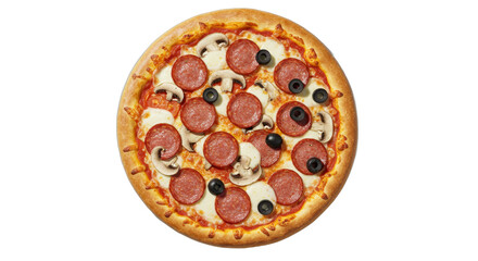 Delicious pepperoni pizza with mushrooms and olives on a white background