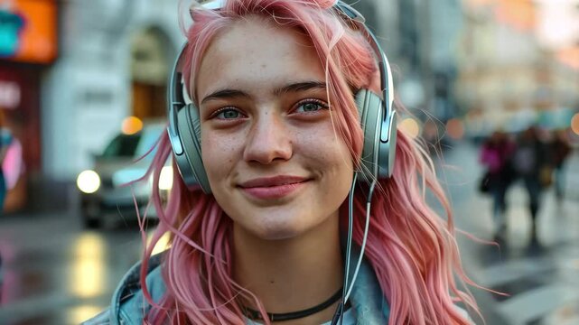 Young woman with pink hair listens to music on city street during golden hour in a lively urban environment
