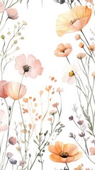 Naklejka premium Beautiful seamless floral water color pattern Set, watercolor wild flowers, leaves and grass,Collection botanic garden elements, isolated illustration in rustic or vintage style,copy space.