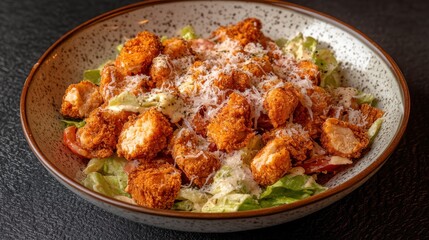 Crispy Chicken Salad with Fresh Greens, Grated Parmesan Cheese, and Creamy Dressing in a Rustic Bowl on a Dark Surface for Culinary Enthusiasts