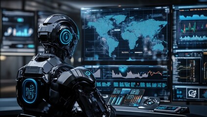 A futuristic robot in black and blue is sitting at the control panel of an AI system, surrounded by holographic maps showing global data and digital charts with graphs. The background features high