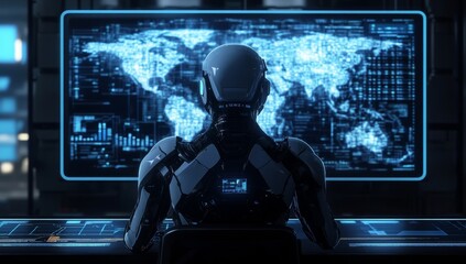 A futuristic robot is sitting in front of an interactive digital display showing global data and maps, symbolizing the integration of AI technology into real-time business analytics