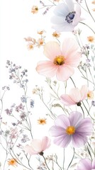 Beautiful seamless floral water color pattern Set, watercolor wild flowers, leaves and grass,Collection botanic garden elements, isolated illustration in rustic or vintage style,copy space.