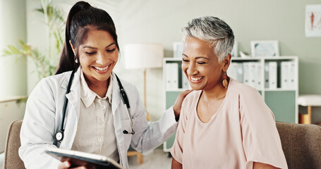 Smile, doctor and senior patient on tablet in office for good news, research and online results of...