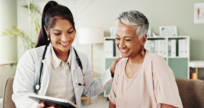 Smile, doctor and senior patient on tablet in office for good news, research and online results of diagnosis. People, digital and healthcare report, insurance checklist and treatment plan and medical