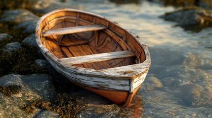 Obraz premium Old Wooden Rowboat on Rocky Shore at Sunset