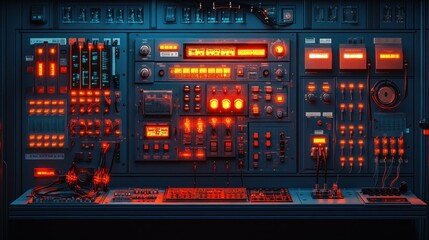 Futuristic control panel with glowing lights and various controls