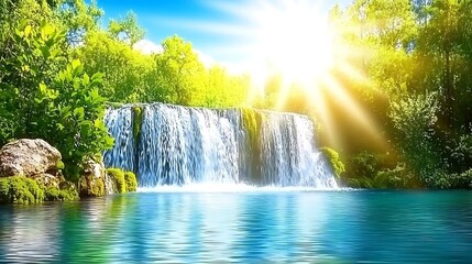 A beautiful waterfall cascading into a tranquil lake surrounded by green trees