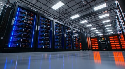 Modern Data Center Server Room Interior Rows of Powerful Network Servers Illuminated with Blue and Orange Lights