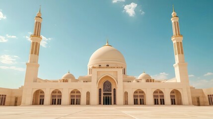 Fototapeta premium Majestic White Mosque Exterior Architecture under a Sunny Sky A stunning view of Islamic religious building