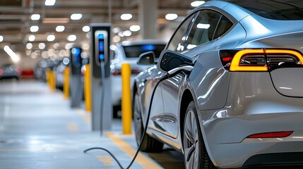 A sleek electric vehicle is charging in a modern parking structure, showcasing the rise of sustainable transportation technology.