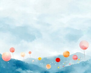 Watercolor Balloons Floating Over Misty Mountains.