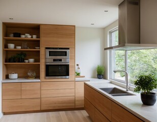 Modern minimalist kitchen with sleek cabinetry, marble countertops, and stainless steel appliances, featuring natural light streaming through large windows, showcasing open shelving with stylish decor