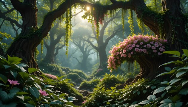 A mystical enchanted forest path bathed in sunlight, where pink blossoms cascade from ancient trees, creating a magical, serene atmosphere with lush greenery and soft light.