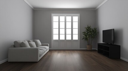 Obraz premium Modern living room interior, neutral tones, light streaming through window. Use Stock photo for design inspiration