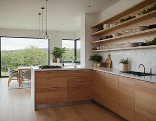 Modern minimalist kitchen with sleek cabinetry, marble countertops, and stainless steel appliances, featuring natural light streaming through large windows, showcasing open shelving with stylish decor