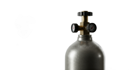 Close-up of a compressed gas cylinder with gauges against a white backdrop