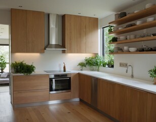 Modern minimalist kitchen with sleek cabinetry, marble countertops, and stainless steel appliances, featuring natural light streaming through large windows, showcasing open shelving with stylish decor
