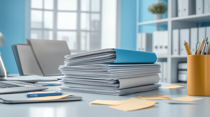 clean, well-lit office desk featuring a large stack of paperwork, laptop, notepad, and sticky notes, symbolizing productivity and paperwork.