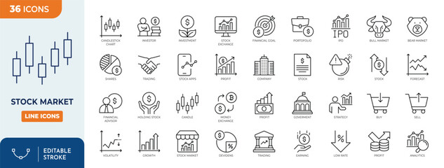 Stock market line editable icon set. Containing stocks, stock exchange, financial goal, shares, investment, bull market, bear market, investment, and more. editable stroke. Vector illustration