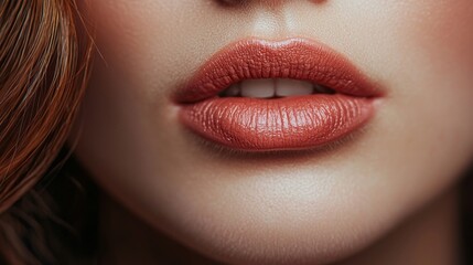 A woman's lips are painted with red lipstick. Concept of confidence and boldness, as the woman's lips are prominently displayed and the color is bright and striking