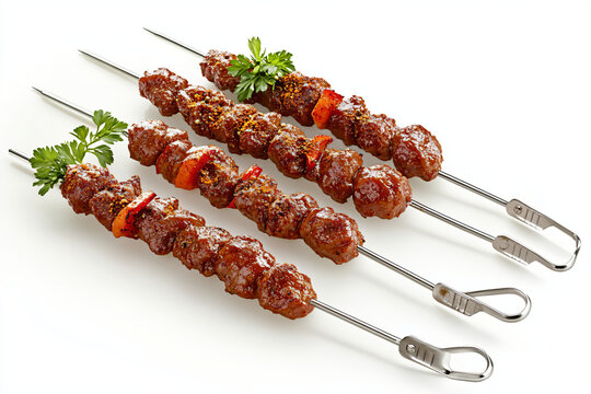 a bunch of meat skewers on a white surface
