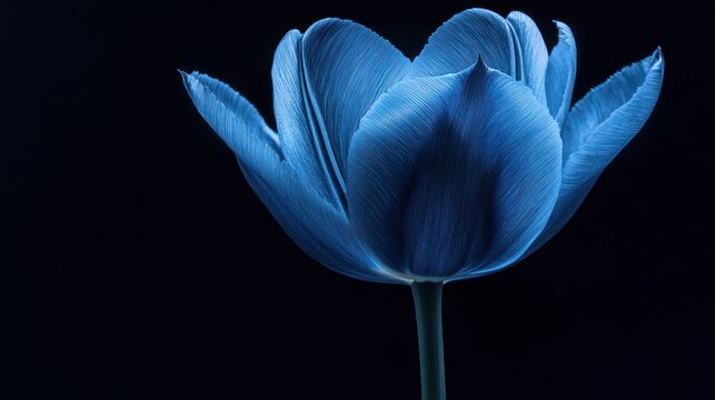 Close-up of a vibrant blue tulip against a black background.  Possible use Stock photo for a floral design theme
