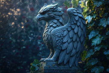 A majestic stone griffin statue stands in a mystical garden, shrouded in twilight.