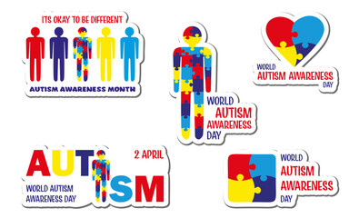 Set of Autism awareness stickers. Autism awareness month concept. Its okay to be different. Multicolored human shaped puzzles. ASD syndrome tolerance