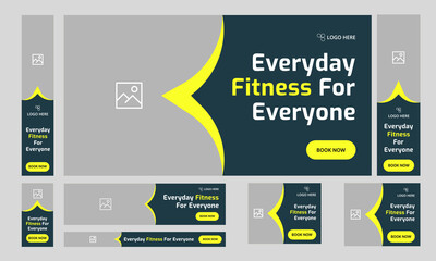 Trendy body fitness services web bundle banner design for social media post, daily exercise methods web set banner design, fully customizable vector eps 10 file format