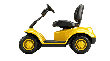 Obraz premium Bright yellow golf cart on lush green grass, ideal transportation for a sunny day on the course