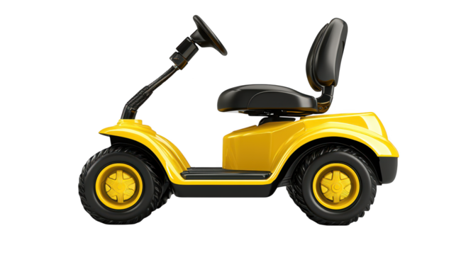 Bright yellow golf cart on lush green grass, ideal transportation for a sunny day on the course
